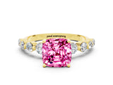 Yellow gold Cushion Cut Solitaire Pink Sapphire Ring with Pave Band and Four-Prong Setting_24