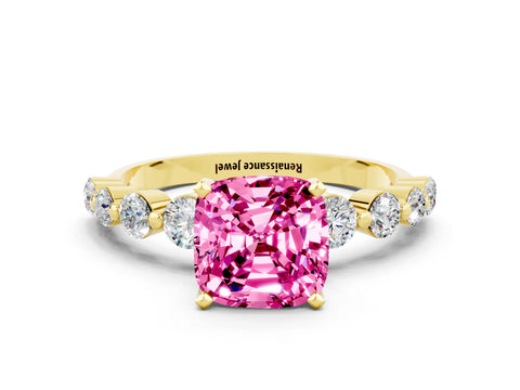 Yellow gold Cushion Cut Solitaire Pink Sapphire Ring with Pave Band and Four-Prong Setting_24