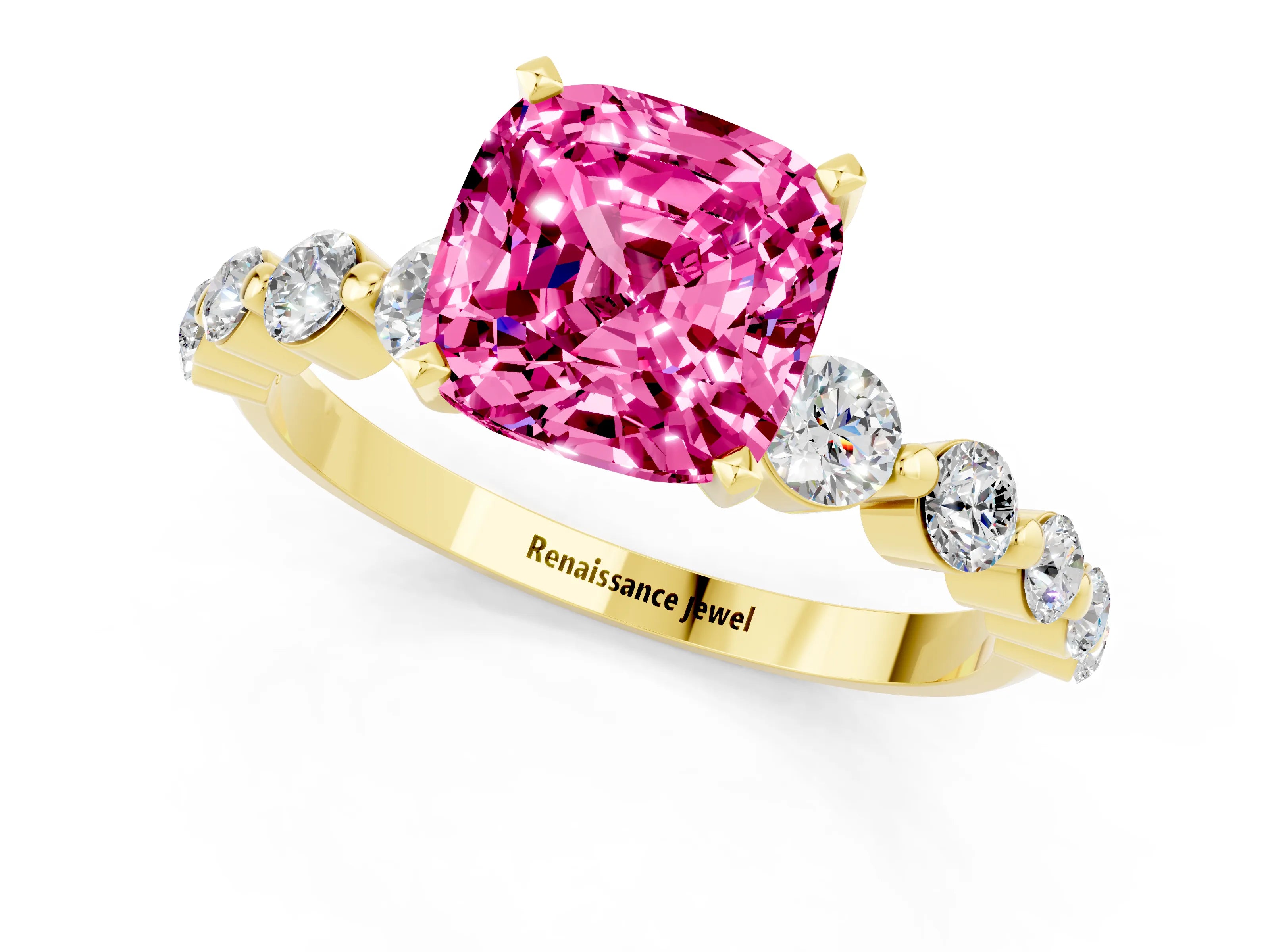 Yellow gold Cushion Cut Solitaire Pink Sapphire Ring with Pave Band and Four-Prong Setting_25
