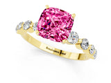 Yellow gold Cushion Cut Solitaire Pink Sapphire Ring with Pave Band and Four-Prong Setting_25
