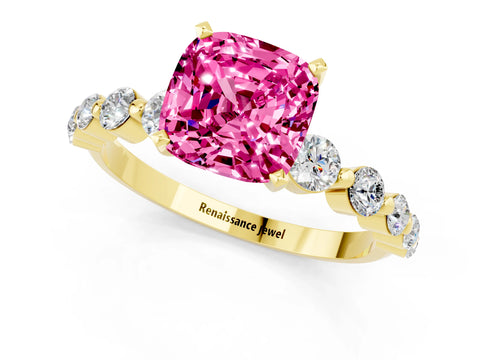 Yellow gold Cushion Cut Solitaire Pink Sapphire Ring with Pave Band and Four-Prong Setting_25