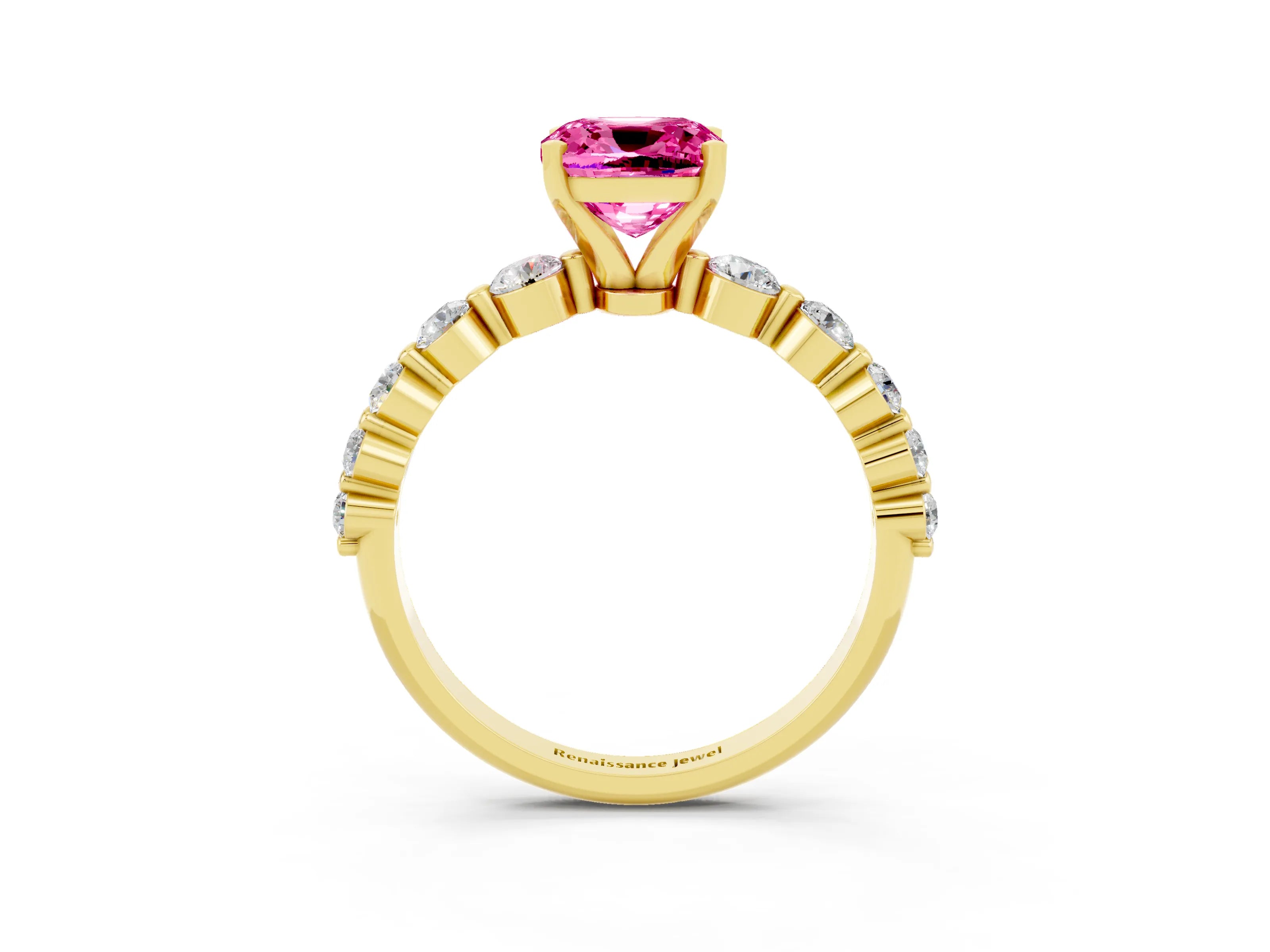 Yellow gold Cushion Cut Solitaire Pink Sapphire Ring with Pave Band and Four-Prong Setting_27