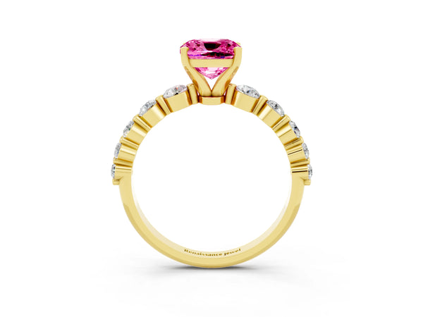 Yellow gold Cushion Cut Solitaire Pink Sapphire Ring with Pave Band and Four-Prong Setting
