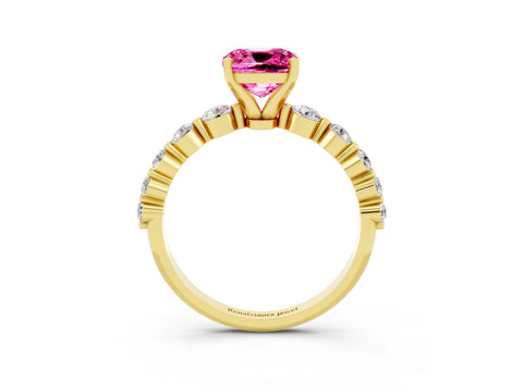 Yellow gold Cushion Cut Solitaire Pink Sapphire Ring with Pave Band and Four-Prong Setting_27