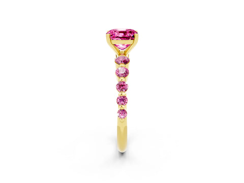 Yellow gold Cushion Cut Solitaire Pink Sapphire Ring with Pave Band and Four-Prong Setting_2