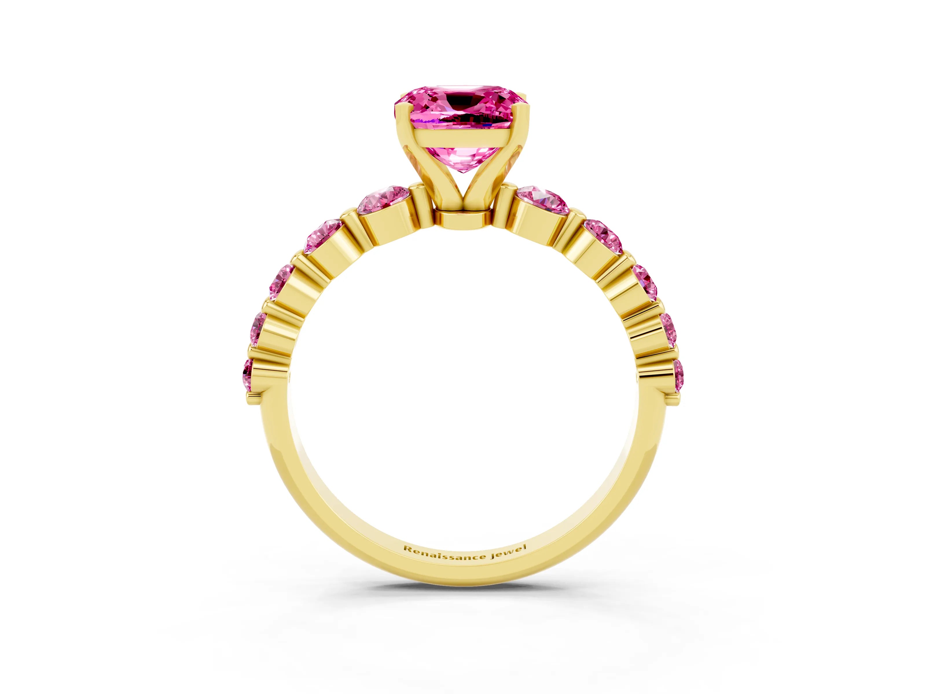 Yellow gold Cushion Cut Solitaire Pink Sapphire Ring with Pave Band and Four-Prong Setting_3