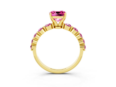 Yellow gold Cushion Cut Solitaire Pink Sapphire Ring with Pave Band and Four-Prong Setting_3