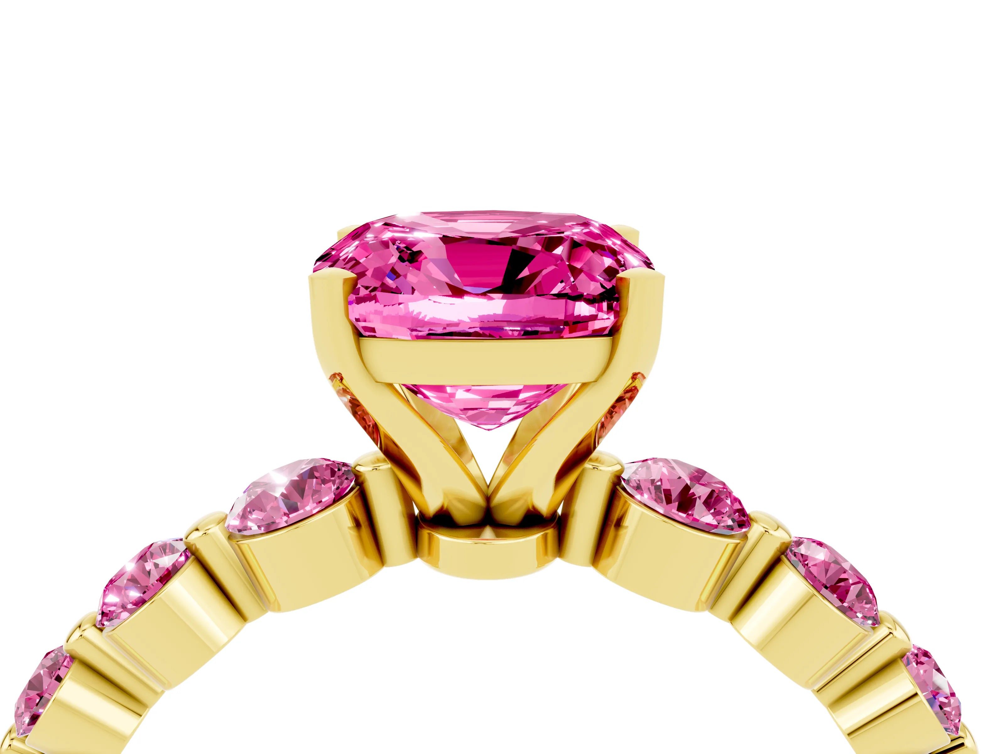 Yellow gold Cushion Cut Solitaire Pink Sapphire Ring with Pave Band and Four-Prong Setting_4