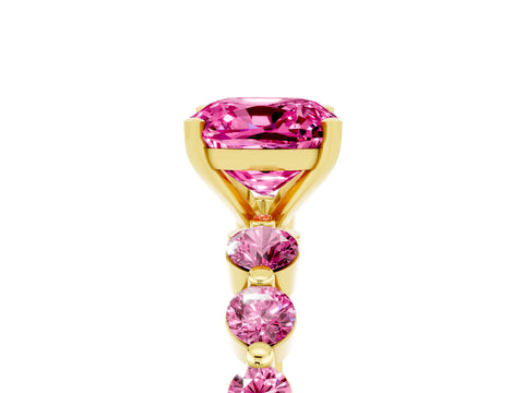 Yellow gold Cushion Cut Solitaire Pink Sapphire Ring with Pave Band and Four-Prong Setting_5