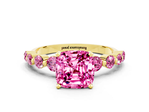 Yellow gold Cushion Cut Solitaire Pink Sapphire Ring with Pave Band and Four-Prong Setting