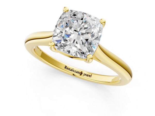 Yellow gold Cushion Cut Solitaire Ring with Cathedral Band and Four-Prong Setting