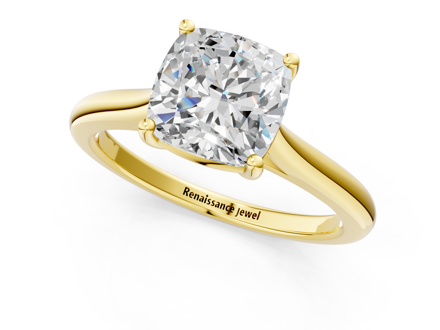 Yellow gold Cushion Cut Solitaire Ring with Cathedral Band and Four-Prong Setting