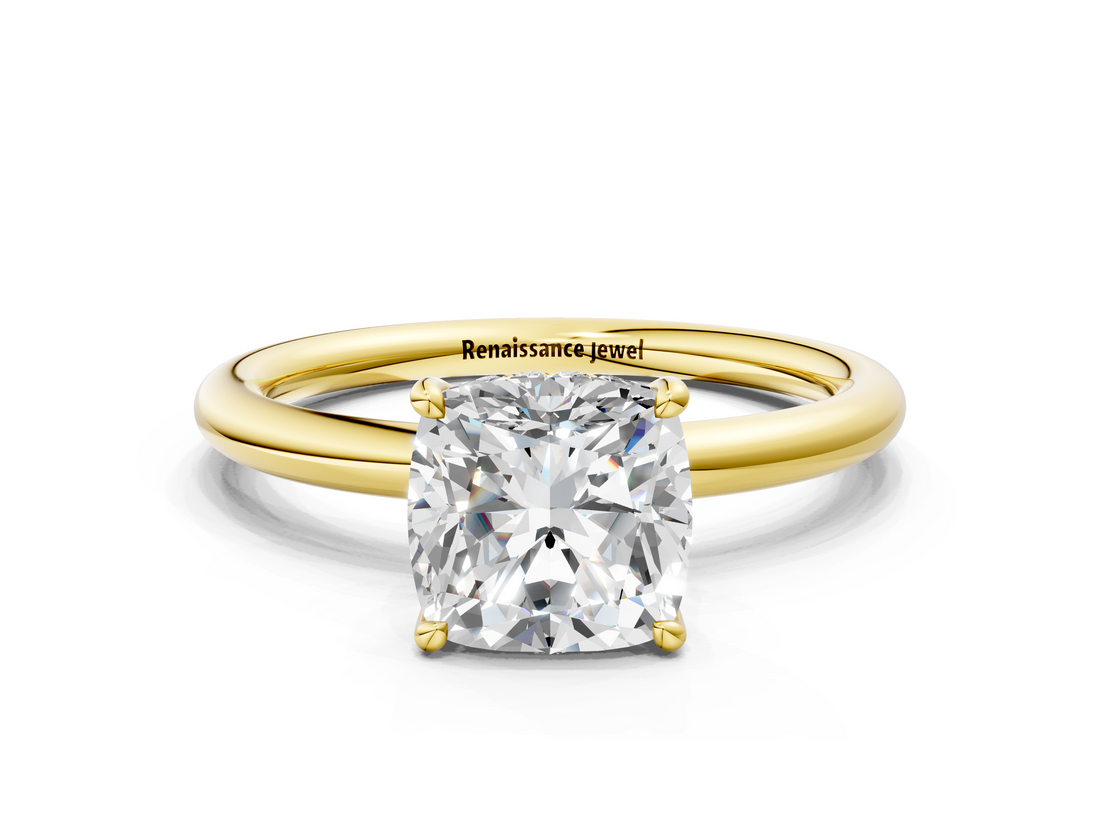 Yellow gold Cushion Cut Solitaire Ring with Thin Band and Four-Prong Setting_36