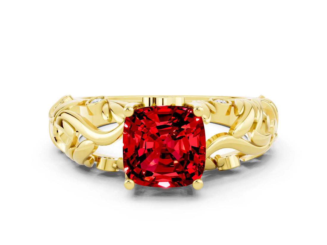 Yellow gold Cushion Cut Solitaire Ruby Leaf-Inspired Vine Band Ring with Prong Setting