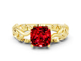 Yellow gold Cushion Cut Solitaire Ruby Leaf-Inspired Vine Band Ring with Prong Setting