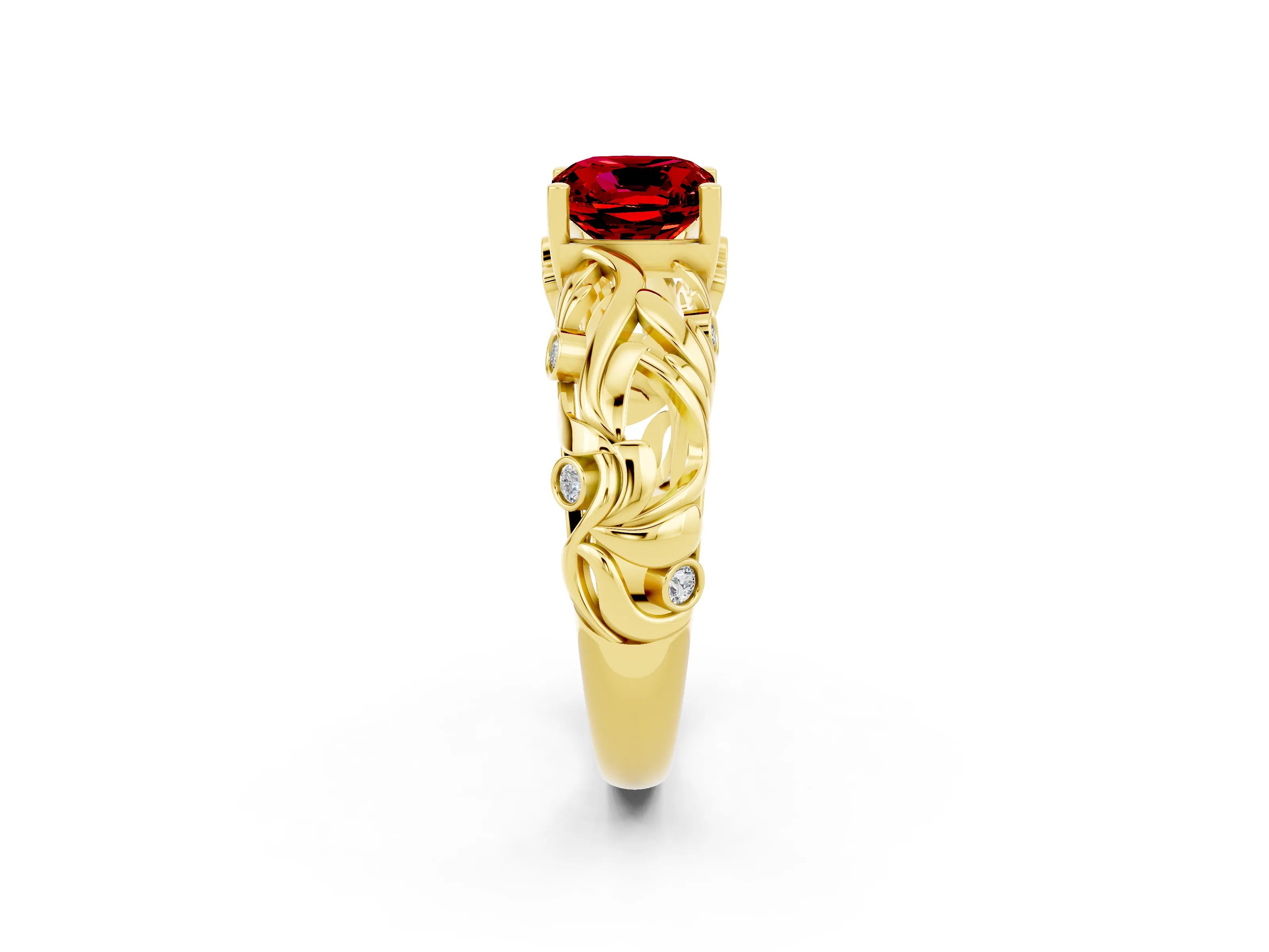Yellow gold Cushion Cut Solitaire Ruby Leaf-Inspired Vine Band Ring with Prong Setting_2