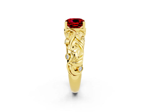 Yellow gold Cushion Cut Solitaire Ruby Leaf-Inspired Vine Band Ring with Prong Setting_2