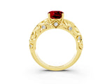 Yellow gold Cushion Cut Solitaire Ruby Leaf-Inspired Vine Band Ring with Prong Setting_3