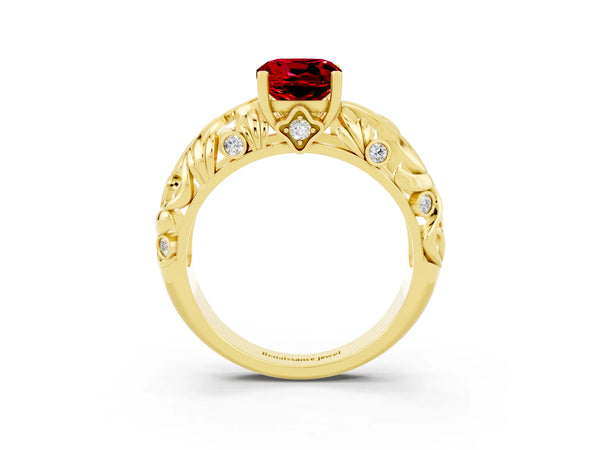 Yellow gold Cushion Cut Solitaire Ruby Leaf-Inspired Vine Band Ring with Prong Setting