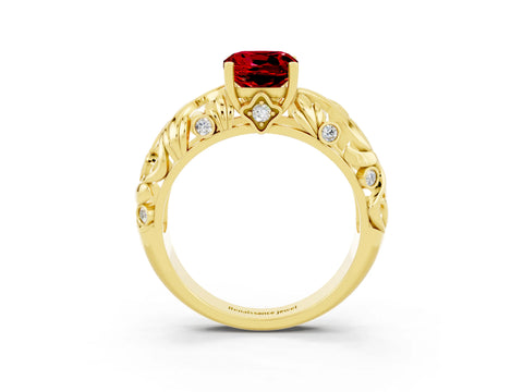 Yellow gold Cushion Cut Solitaire Ruby Leaf-Inspired Vine Band Ring with Prong Setting_3