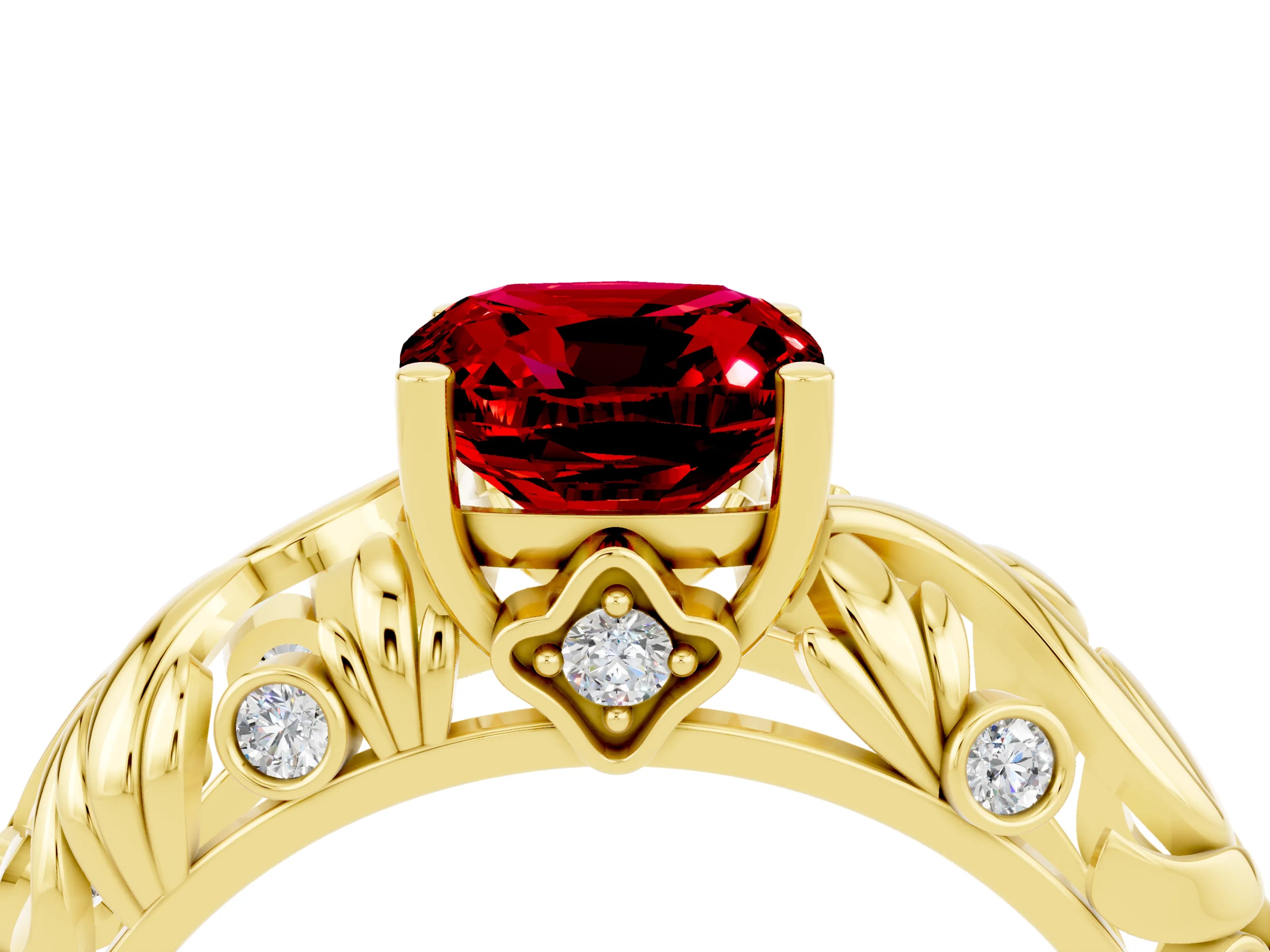 Yellow gold Cushion Cut Solitaire Ruby Leaf-Inspired Vine Band Ring with Prong Setting_4
