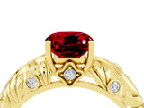 Yellow gold Cushion Cut Solitaire Ruby Leaf-Inspired Vine Band Ring with Prong Setting_4