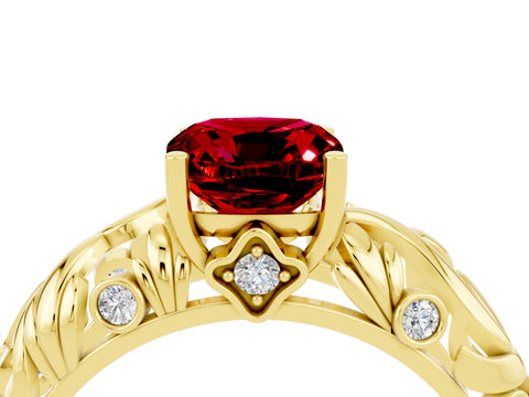 Yellow gold Cushion Cut Solitaire Ruby Leaf-Inspired Vine Band Ring with Prong Setting_4