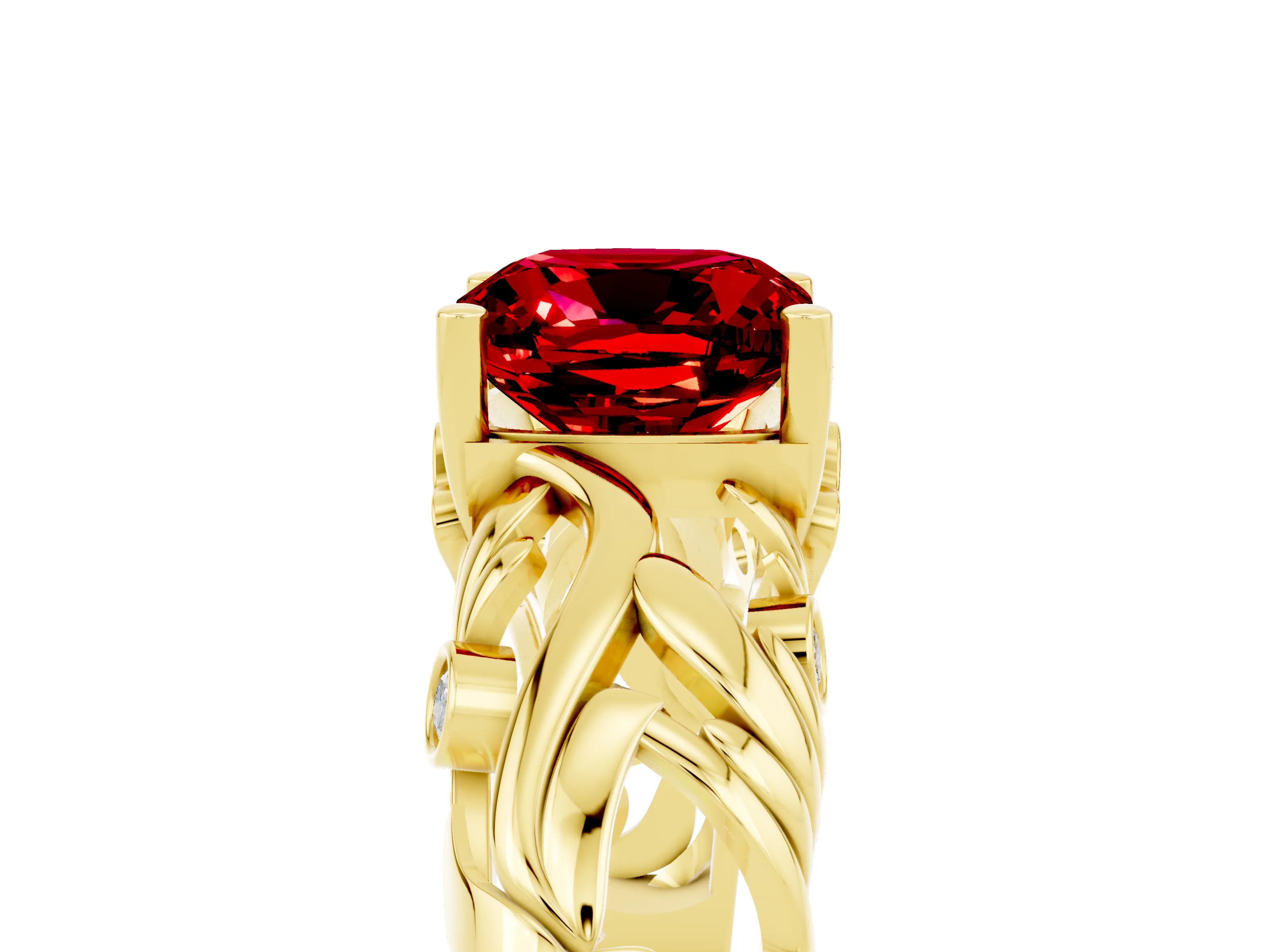Yellow gold Cushion Cut Solitaire Ruby Leaf-Inspired Vine Band Ring with Prong Setting_5