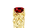 Yellow gold Cushion Cut Solitaire Ruby Leaf-Inspired Vine Band Ring with Prong Setting_5