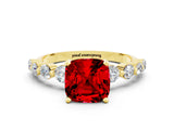 Yellow gold Cushion Cut Solitaire Ruby Ring with Pave Band and Four-Prong Setting
