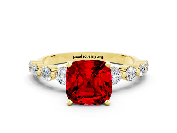 Yellow gold Cushion Cut Solitaire Ruby Ring with Pave Band and Four-Prong Setting