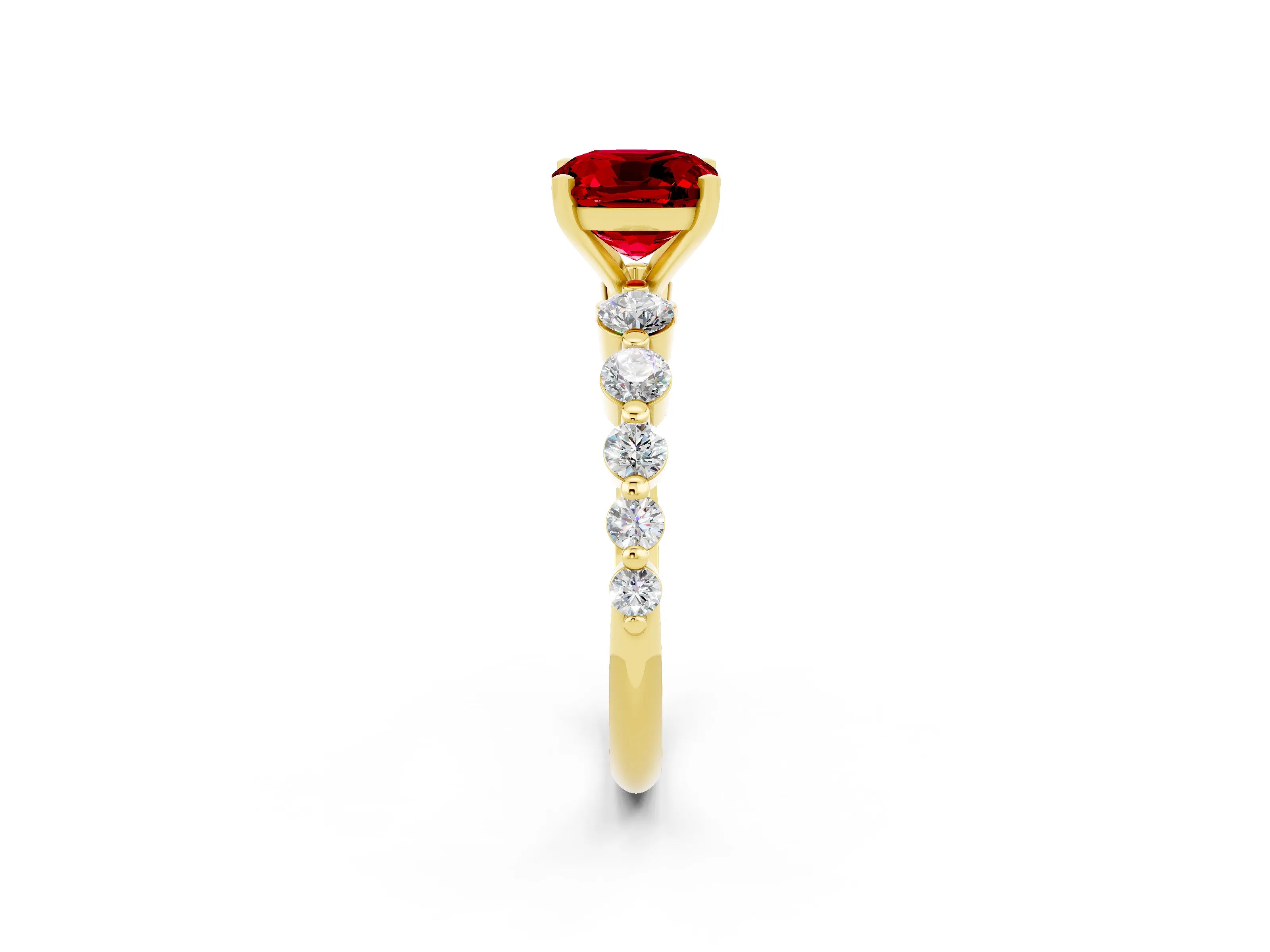 Yellow gold Cushion Cut Solitaire Ruby Ring with Pave Band and Four-Prong Setting_2