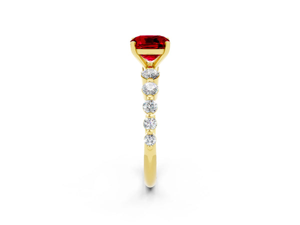 Yellow gold Cushion Cut Solitaire Ruby Ring with Pave Band and Four-Prong Setting