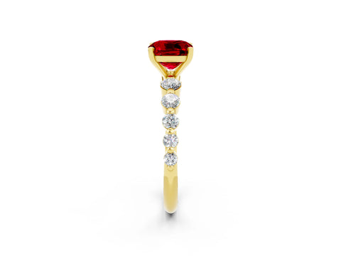 Yellow gold Cushion Cut Solitaire Ruby Ring with Pave Band and Four-Prong Setting_2