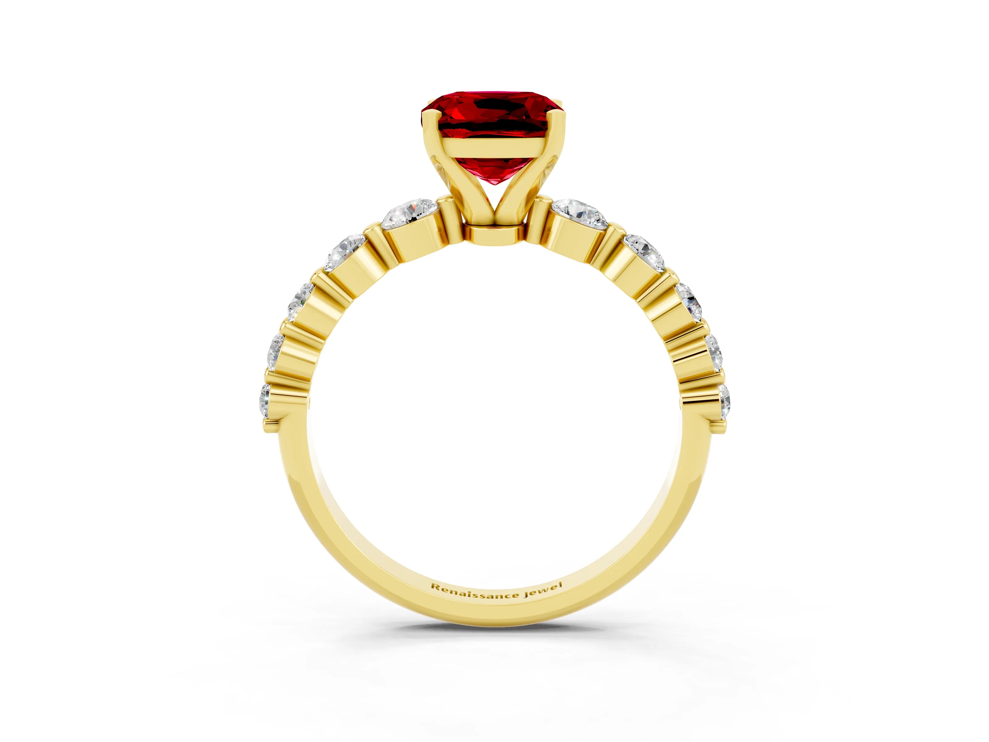 Yellow gold Cushion Cut Solitaire Ruby Ring with Pave Band and Four-Prong Setting_3