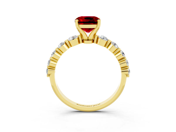 Yellow gold Cushion Cut Solitaire Ruby Ring with Pave Band and Four-Prong Setting