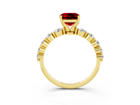 Yellow gold Cushion Cut Solitaire Ruby Ring with Pave Band and Four-Prong Setting_3