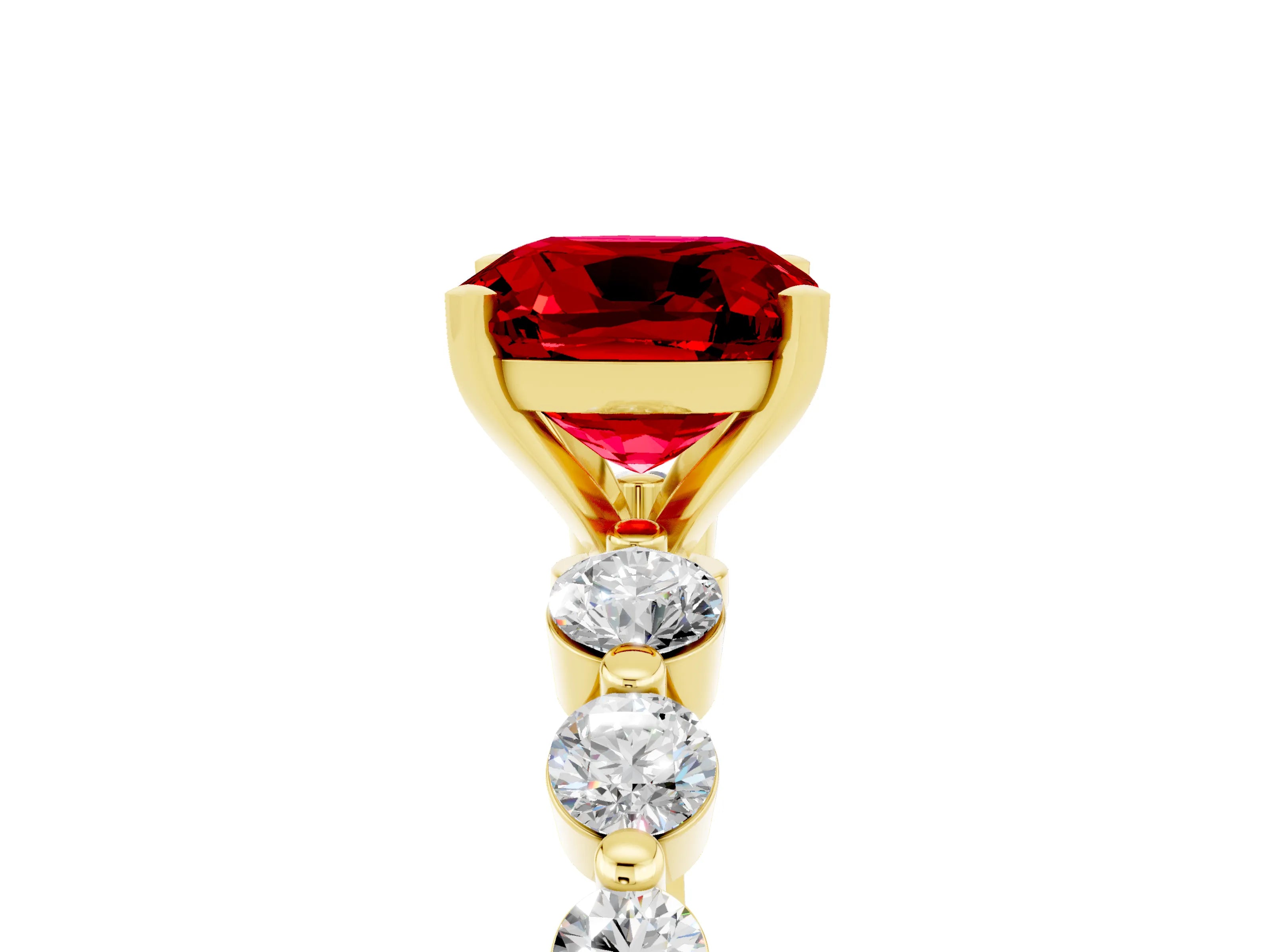 Yellow gold Cushion Cut Solitaire Ruby Ring with Pave Band and Four-Prong Setting_5