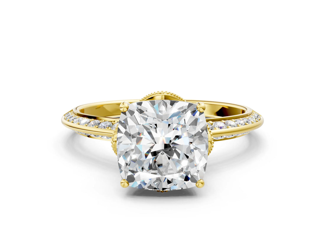 Yellow gold Cushion Cut Solitaire Split Shank Pave Diamond Engagement Ring with Four-Prong Setting_13