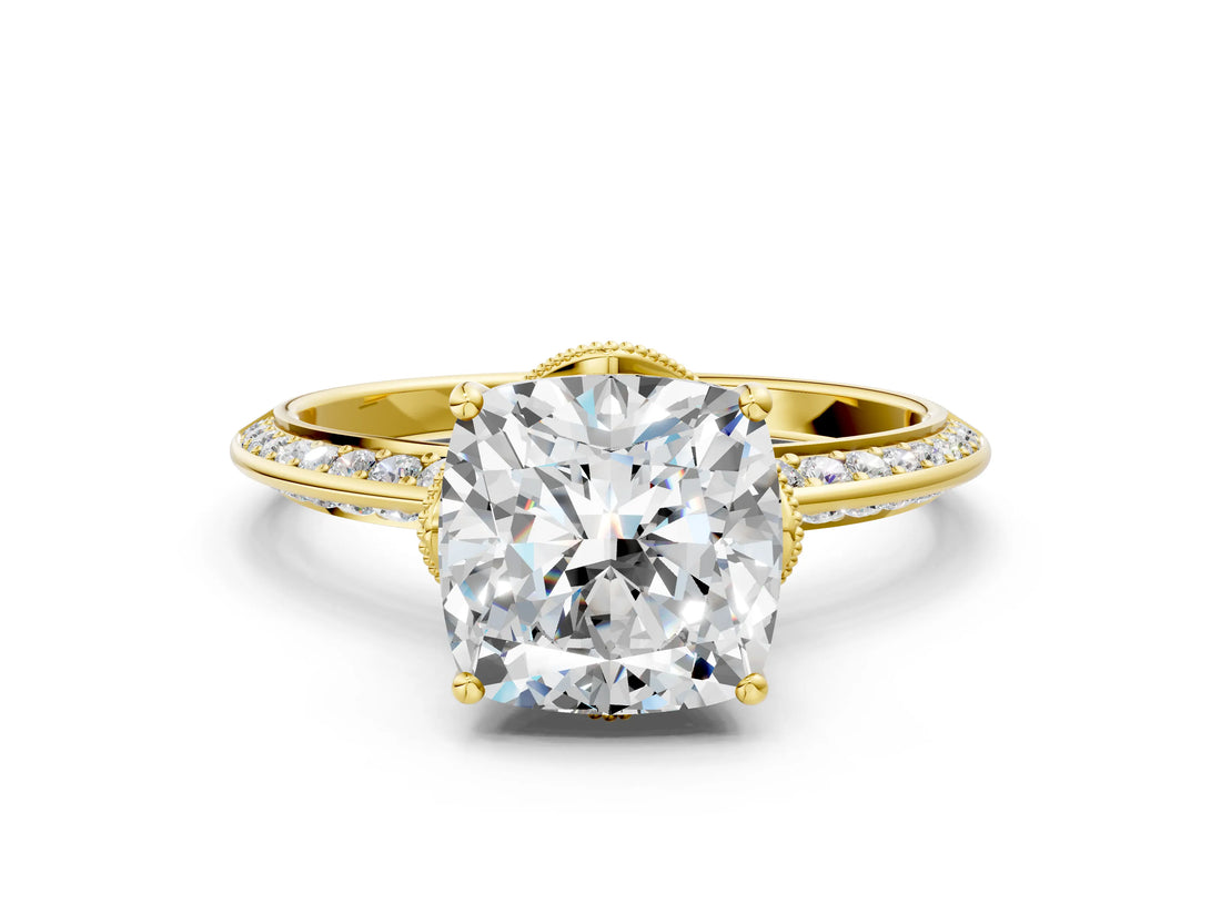 Yellow gold Cushion Cut Solitaire Split Shank Pave Diamond Engagement Ring with Four-Prong Setting_37