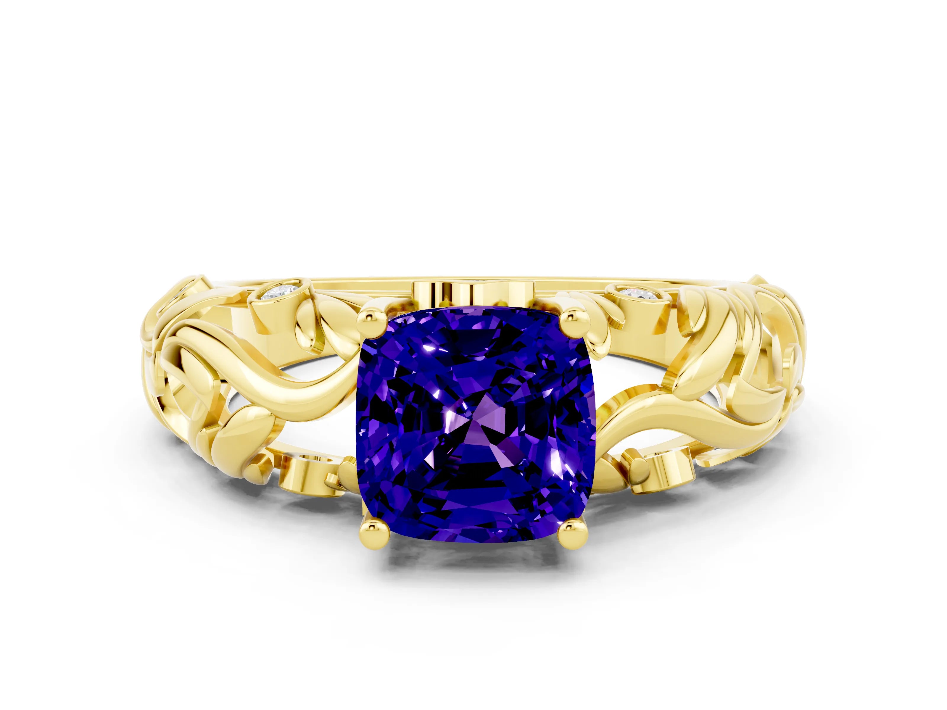 Yellow gold Cushion Cut Solitaire Tanzanite Leaf-Inspired Vine Band Ring with Prong Setting