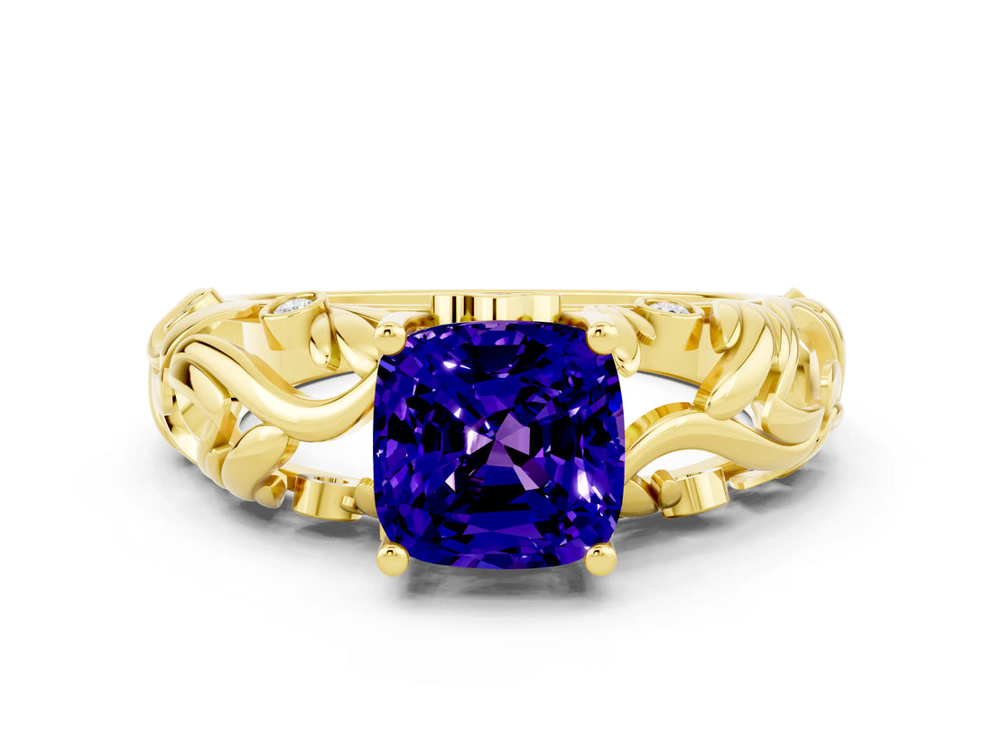 Yellow gold Cushion Cut Solitaire Tanzanite Leaf-Inspired Vine Band Ring with Prong Setting