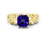 Yellow gold Cushion Cut Solitaire Tanzanite Leaf-Inspired Vine Band Ring with Prong Setting