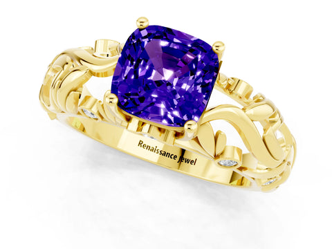 Yellow gold Cushion Cut Solitaire Tanzanite Leaf-Inspired Vine Band Ring with Prong Setting_1