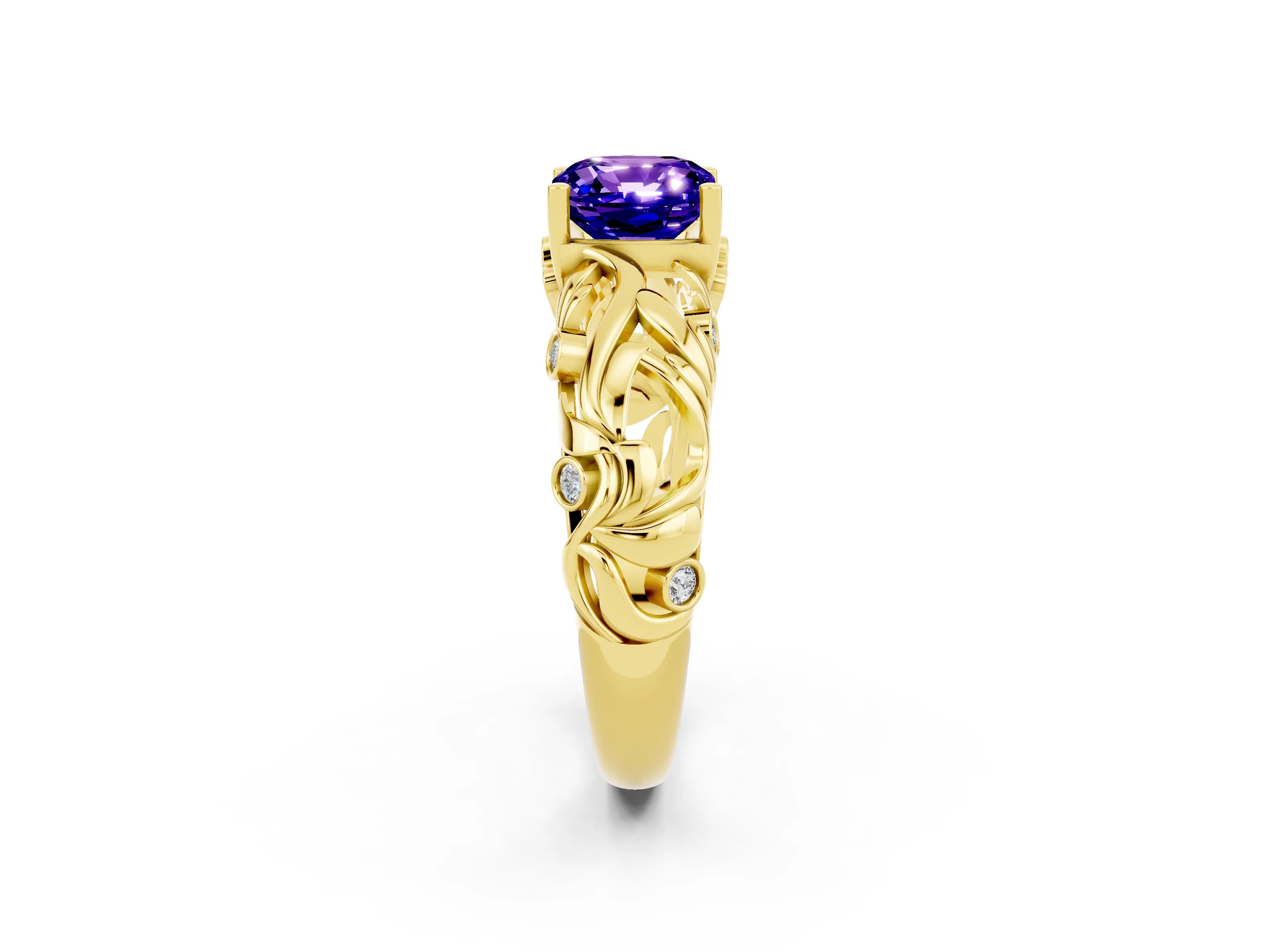 Yellow gold Cushion Cut Solitaire Tanzanite Leaf-Inspired Vine Band Ring with Prong Setting_2