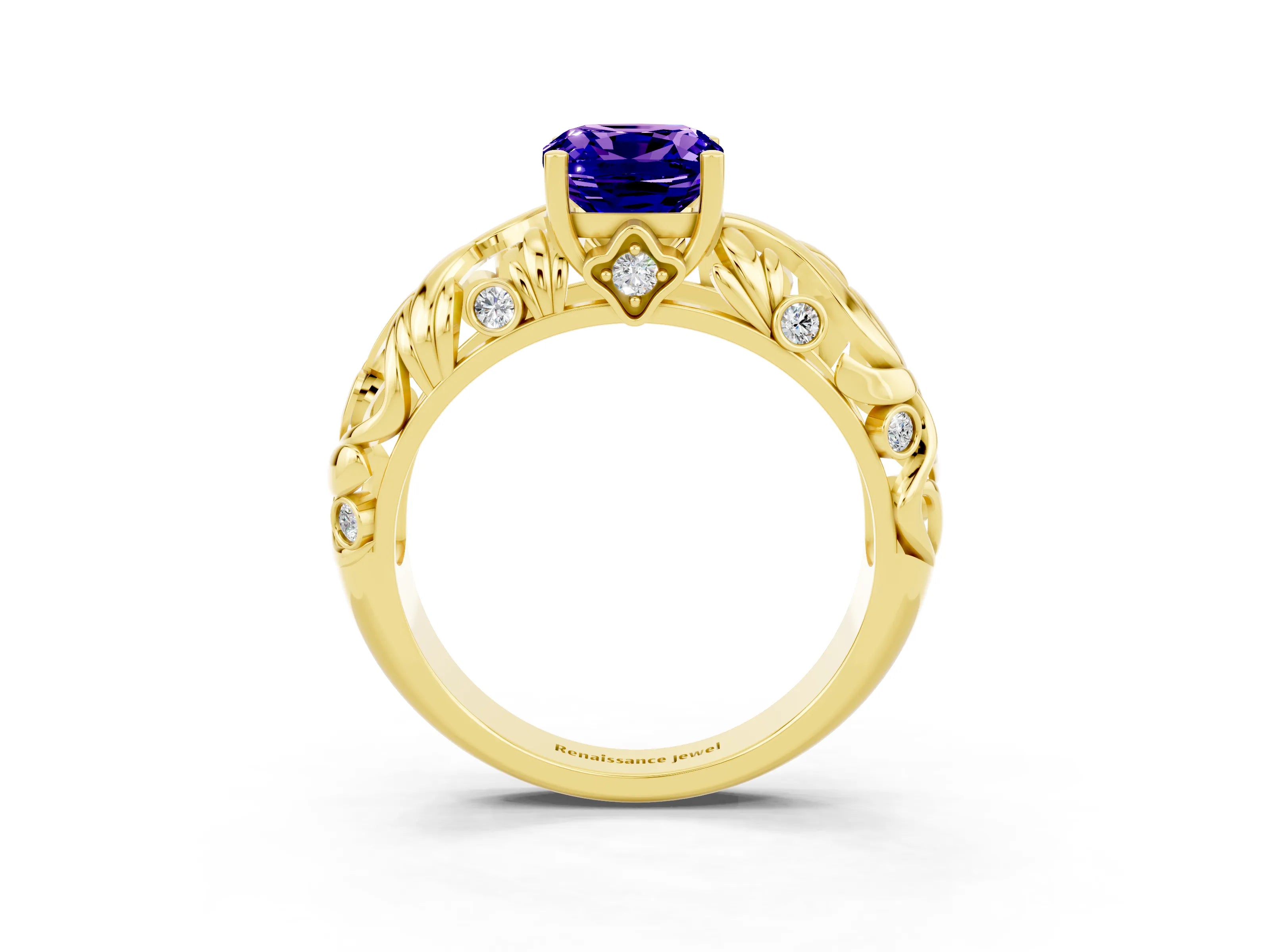 Yellow gold Cushion Cut Solitaire Tanzanite Leaf-Inspired Vine Band Ring with Prong Setting_3
