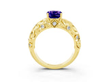 Yellow gold Cushion Cut Solitaire Tanzanite Leaf-Inspired Vine Band Ring with Prong Setting_3