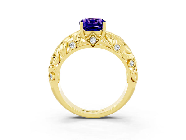 Yellow gold Cushion Cut Solitaire Tanzanite Leaf-Inspired Vine Band Ring with Prong Setting