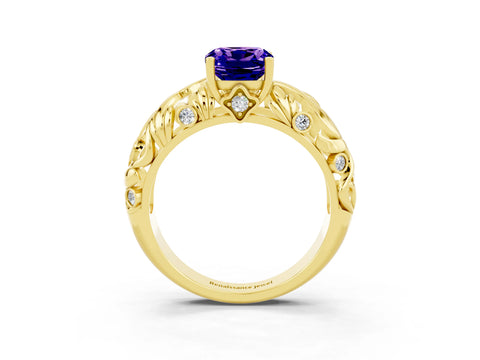 Yellow gold Cushion Cut Solitaire Tanzanite Leaf-Inspired Vine Band Ring with Prong Setting_3