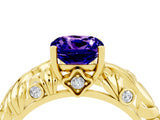 Yellow gold Cushion Cut Solitaire Tanzanite Leaf-Inspired Vine Band Ring with Prong Setting_4